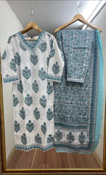 Original Indian Jaipuri Stitched 3pcs_White & Sea Blue